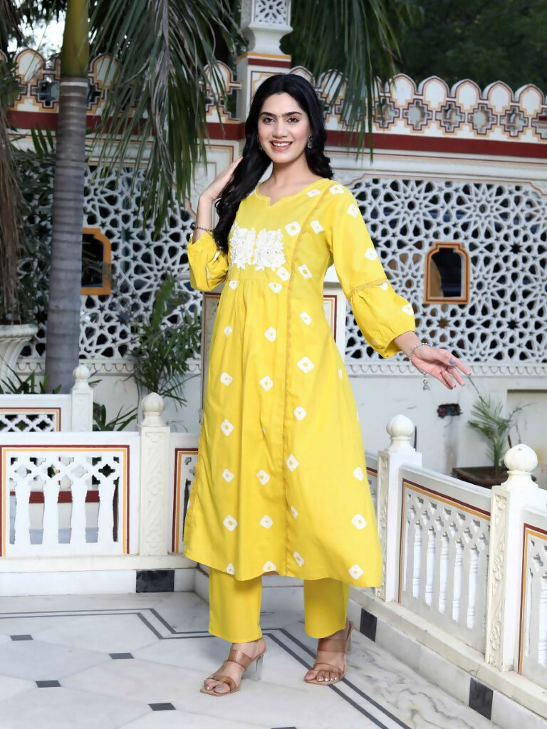 Miravan Women's Cotton Embroidered & Lace Embellished Yellow Bandhani Printed Kurta Palazzo Set