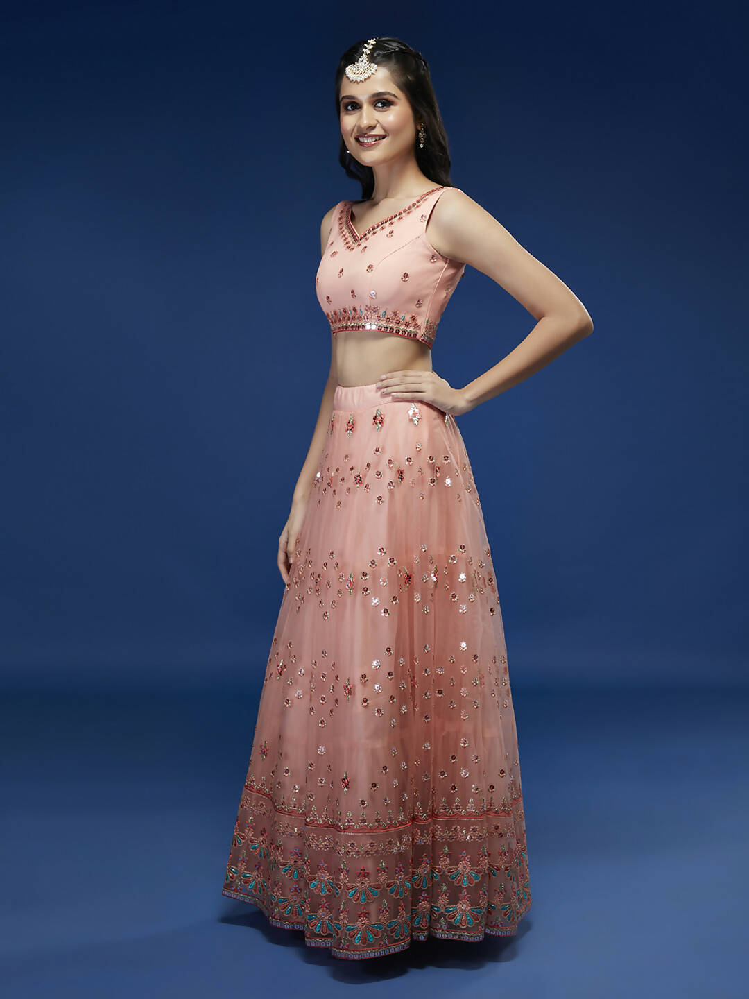 House of Panchhi Peach Net Sequinse Work Lehenga & Blouse, Dupatta