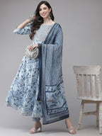 Yufta Women Blue Floral Printed Regular Pure Cotton Kurta with Trouser With Dupatta