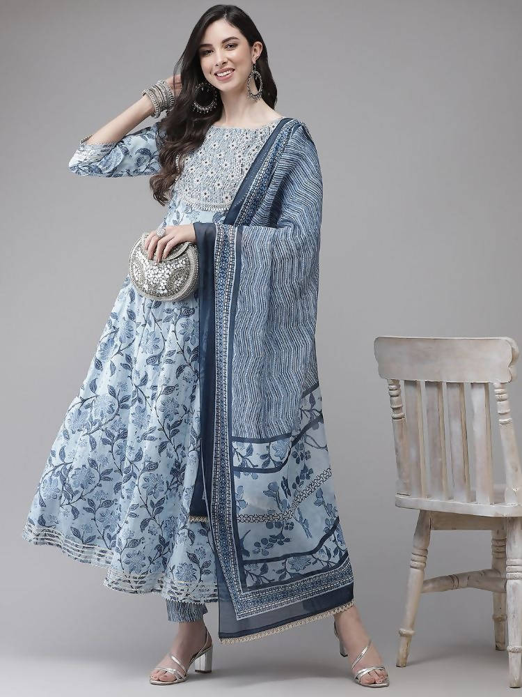 Yufta Women Blue Floral Printed Regular Pure Cotton Kurta with Trouser With Dupatta