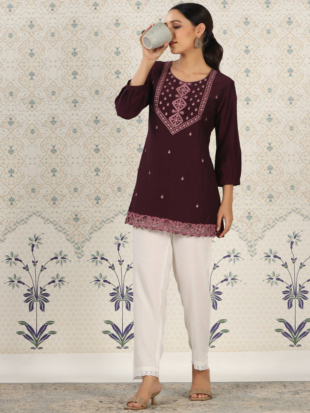 Magenta Chinon Embroidered Straight Top - Zeny