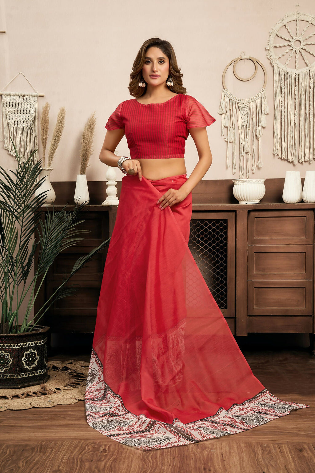 Vastranavya Red Digital Printed Linen Ready To Wear Designer Saree with Unstitched Blouse - Distacart