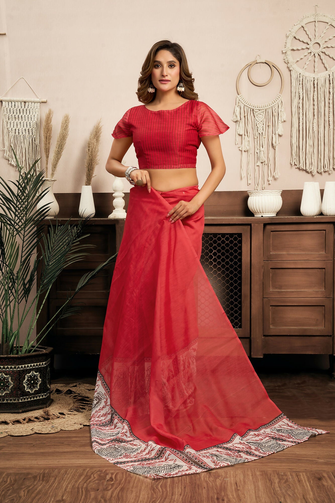 Vastranavya Red Digital Printed Linen Ready To Wear Designer Saree with Unstitched Blouse - Distacart