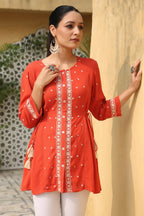 Juniper Women's Orange Rayon Crepe Embroidered Tunic - Distacart