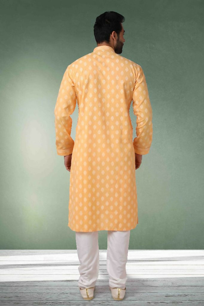 Raivat Ethnic Cotton Printed Work Kurta Pajama In Peach Colour