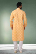 Raivat Ethnic Cotton Printed Work Kurta Pajama In Peach Colour