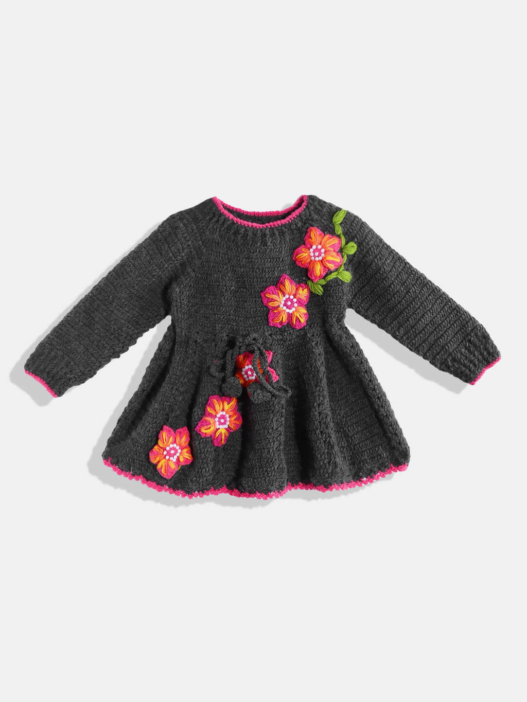 Chutput Kids Woollen Hand Knitted Full Sleeves Lilium Detail Dress For Baby Girls - Grey