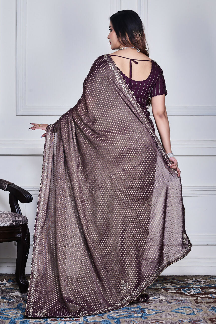 Morchari Purple Pure Chiffon Hand Embroidery Saree And Stitched Blouse - Distacart