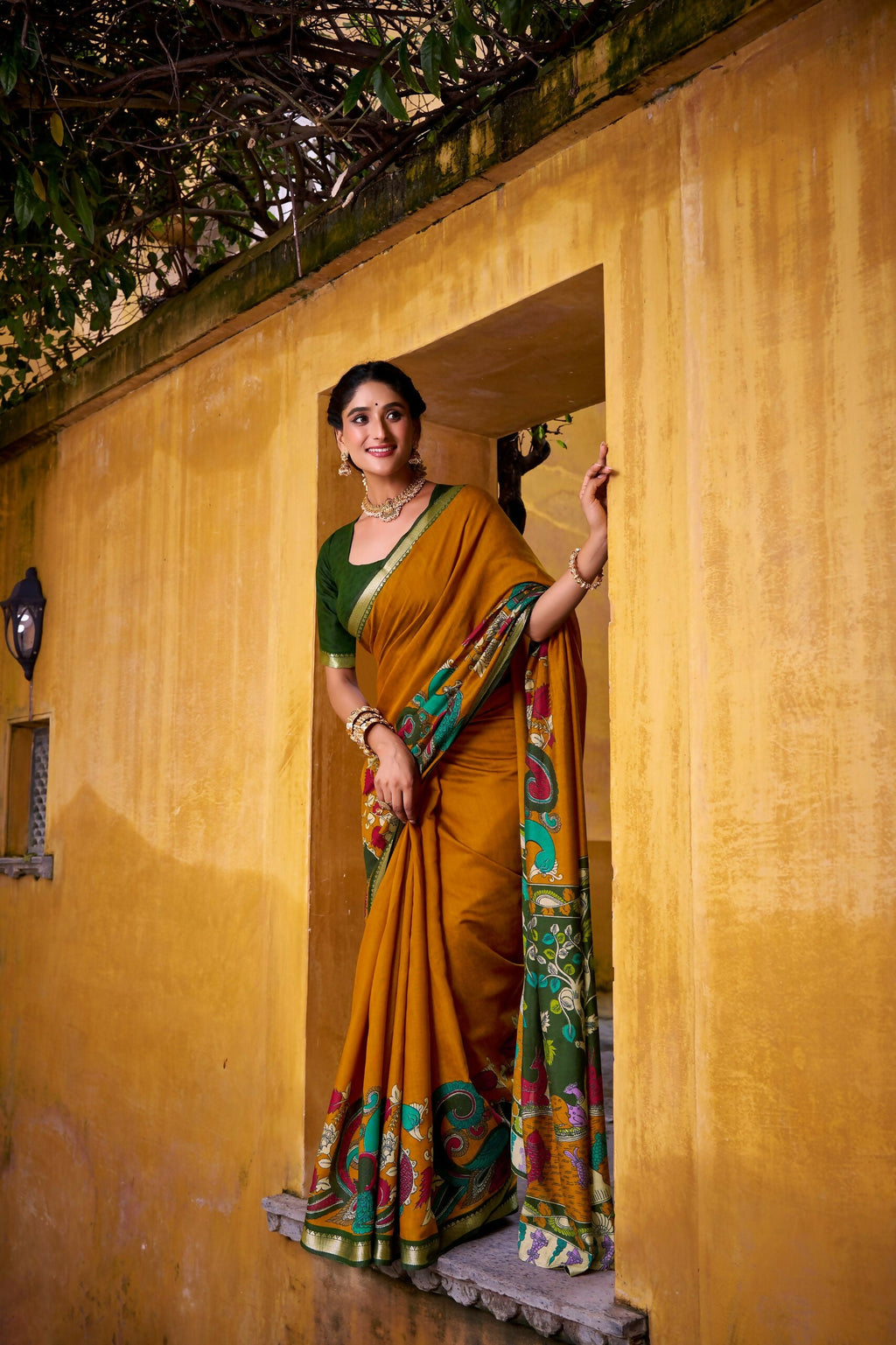 Vastranavya Mustard Viscose Chanderi Kalamkari Print with Zari Working Saree & Unstitched Blouse - Distacart