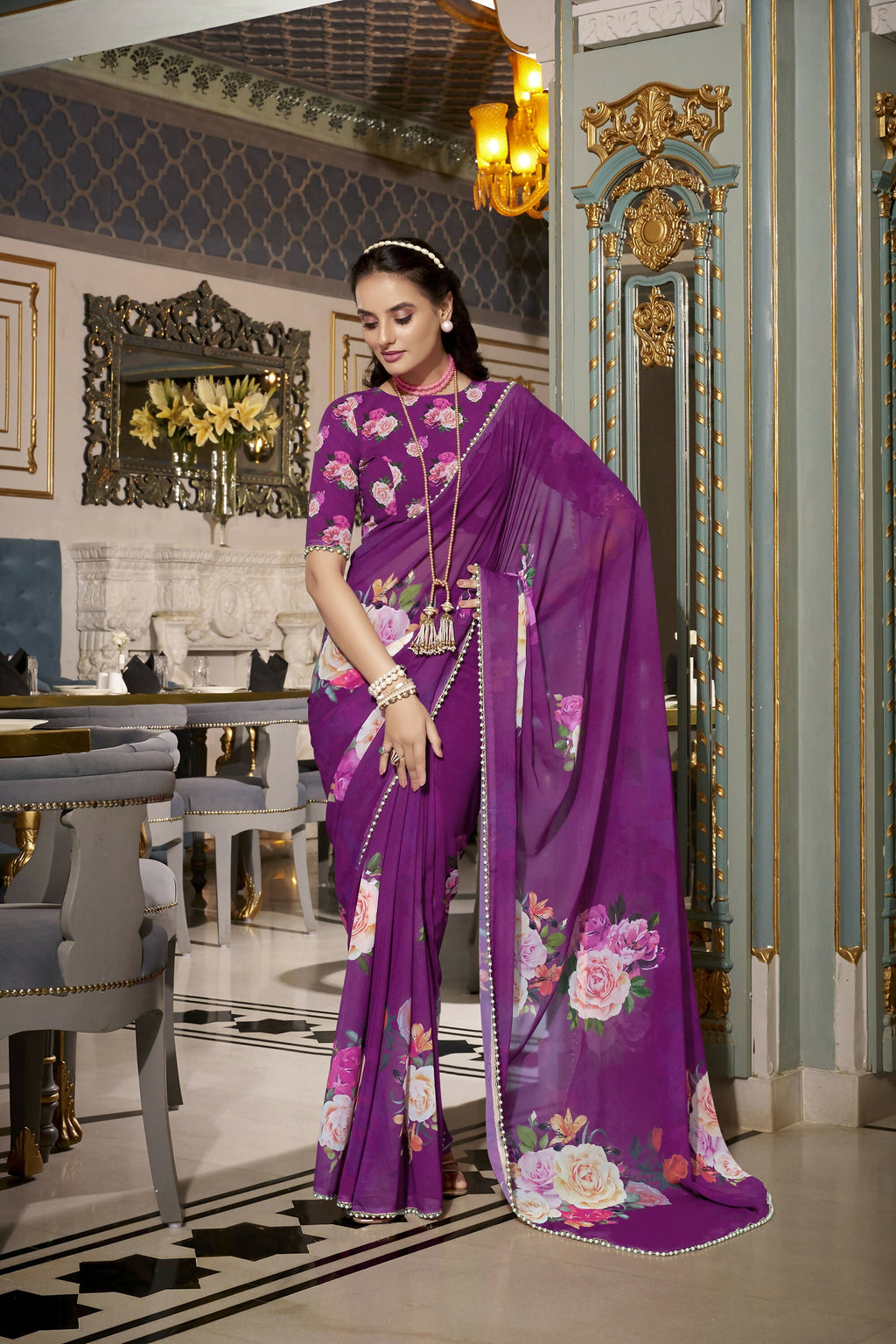 Vastranavya Purple Spectacular Georgette Printed with Pearl Lace Saree with Unstitched Blouse - Distacart