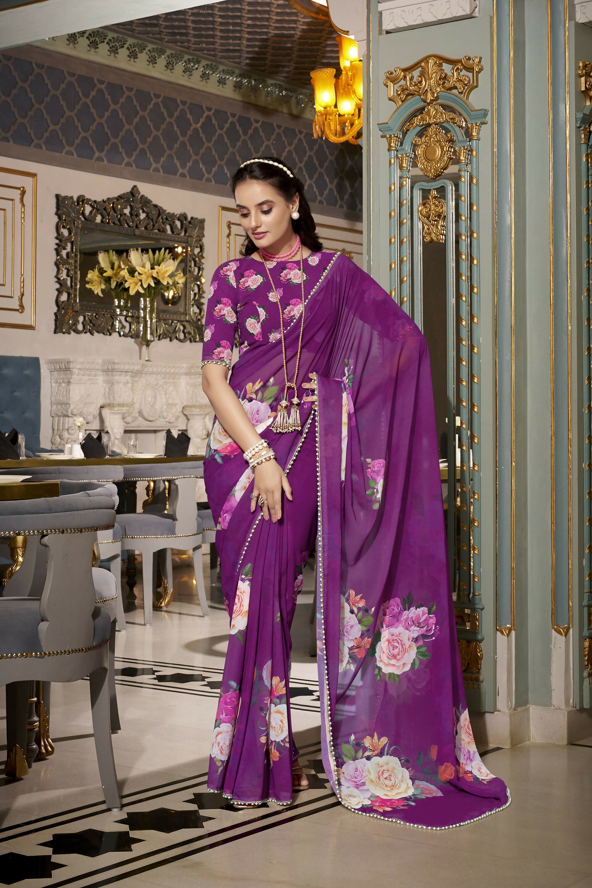 Vastranavya Purple Spectacular Georgette Printed with Pearl Lace Saree with Unstitched Blouse - Distacart