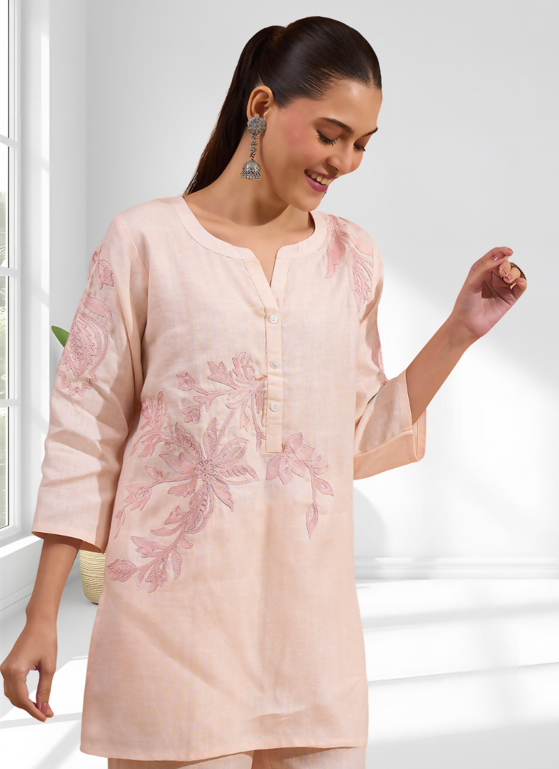 Joban Fashion Pink Linen Embroidered Readymade Cord Set - Distacart