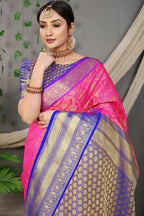 Jyoti Fashion Women's Pink Kanjivaram Silk Zari Woven Saree with Blouse