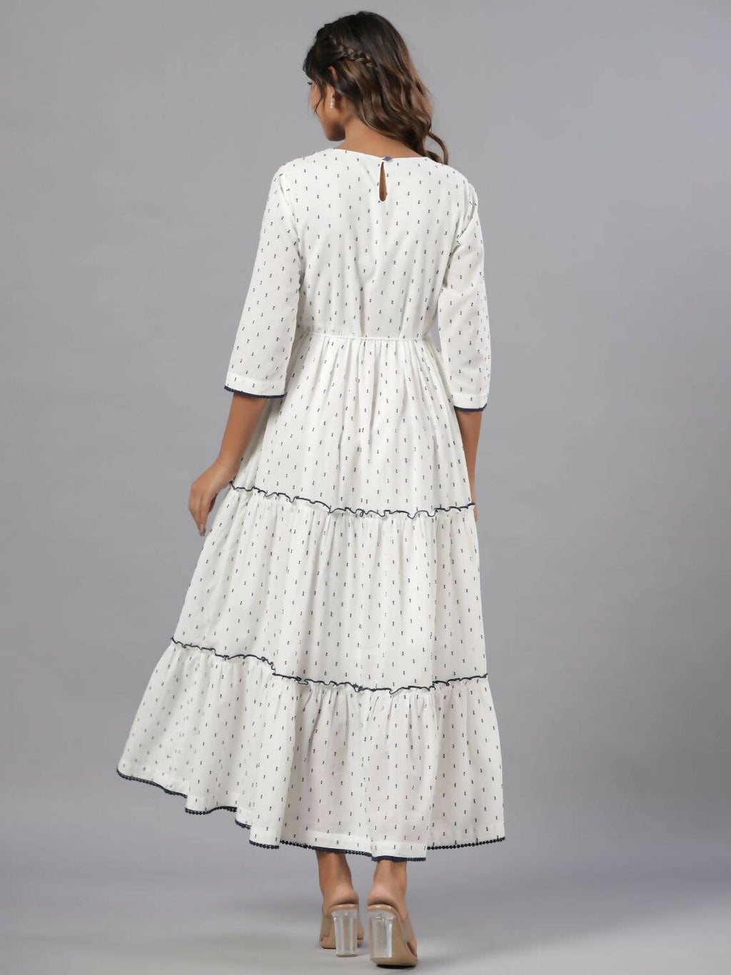 Juniper Women Off-White Cotton Dobby Embroidered Tiered Maxi Dress - Distacart