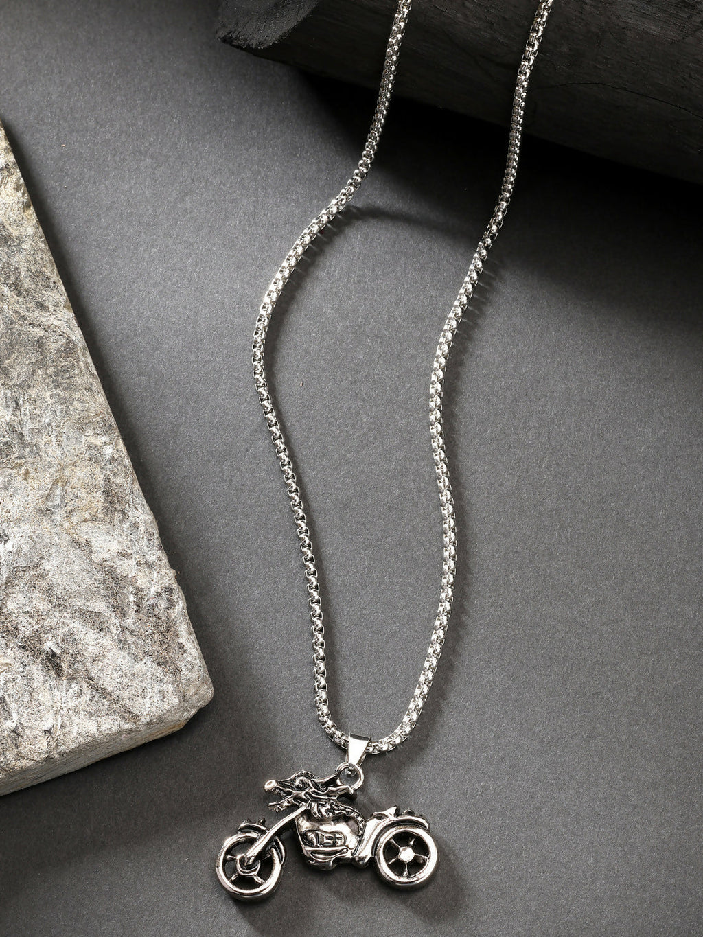 NVR Men's Rhodium-Plated Stainless Steel Bike Shaped Pendant With Chain