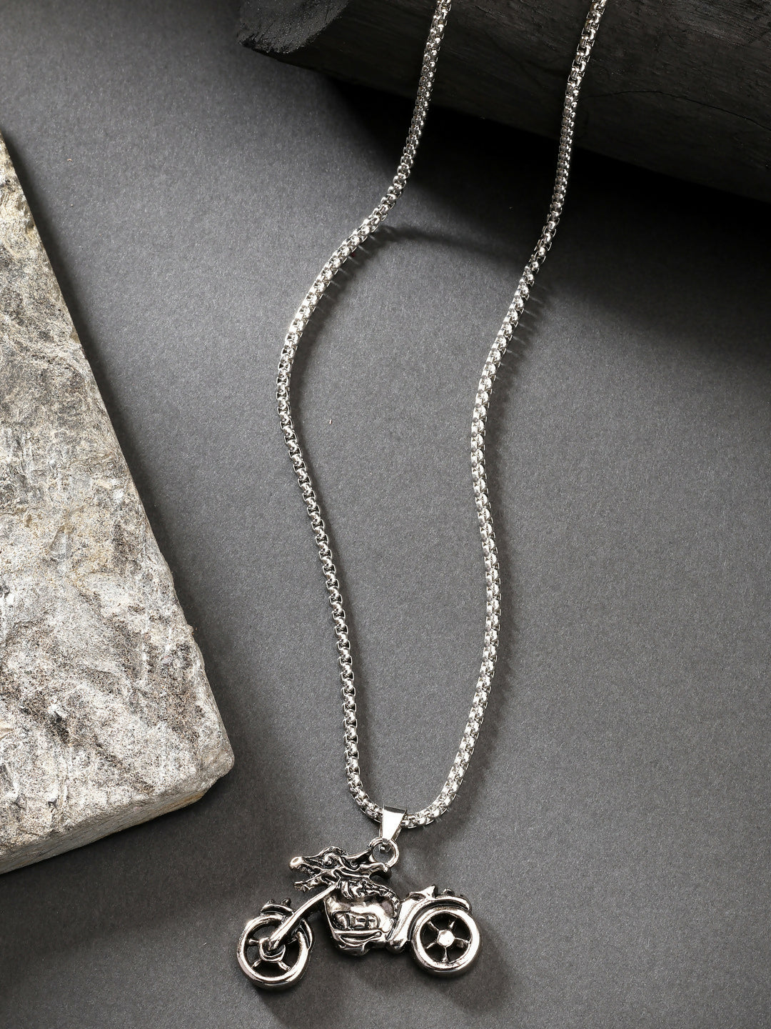 NVR Men's Rhodium-Plated Stainless Steel Bike Shaped Pendant With Chain