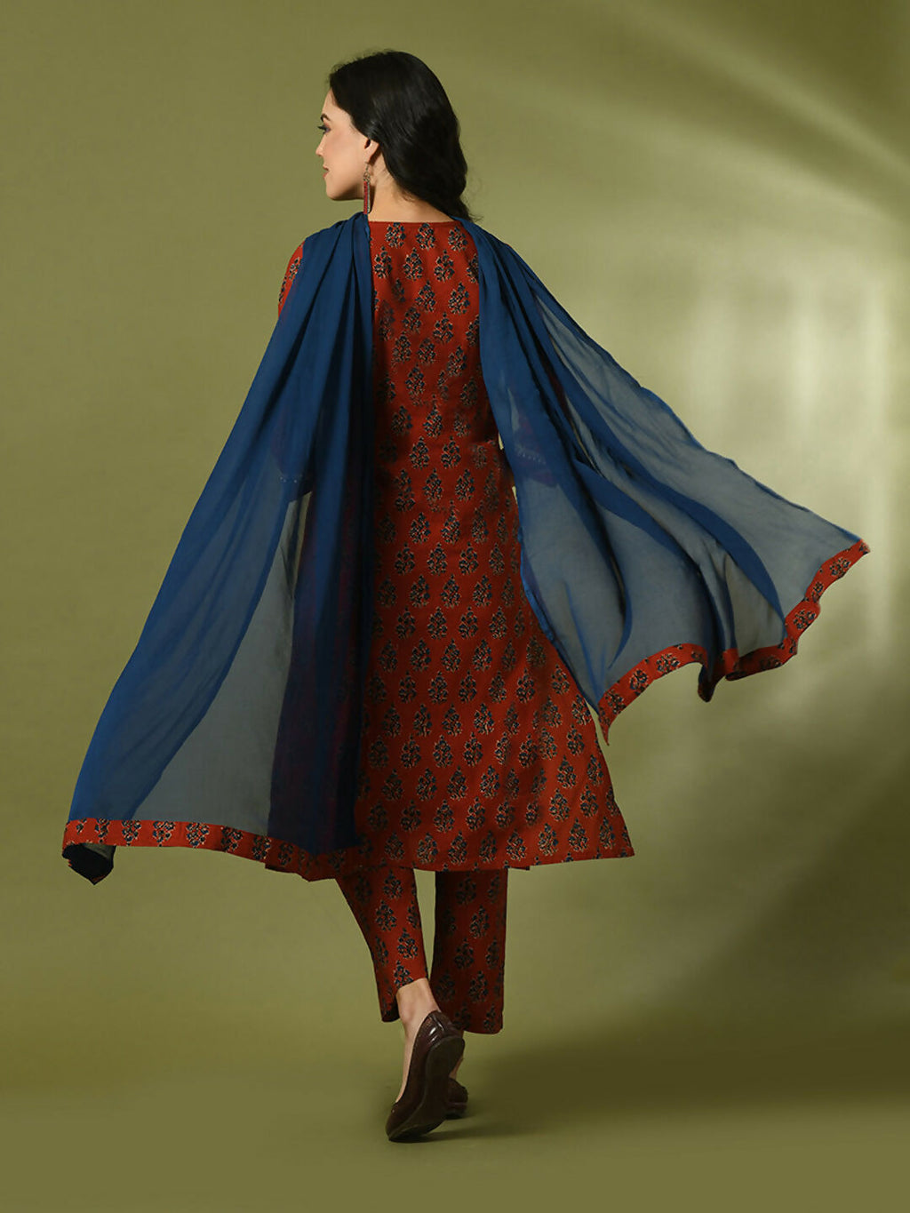 Myshka Women's Rust Printed Cotton Straight Party Kurta Set With Dupatta