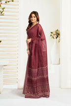 Joban Fashion Maroon Ethnic Motifs Linen Ready To Wear Saree With Unstitched Blouse - Distacart