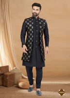 Joban Fashion Men's Black Heavy Art Silk Plain Indowestern