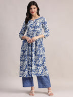Aavyora Women's Blue Floral Printed Cotton Kurta with Chevron Pattern Palazzo Set