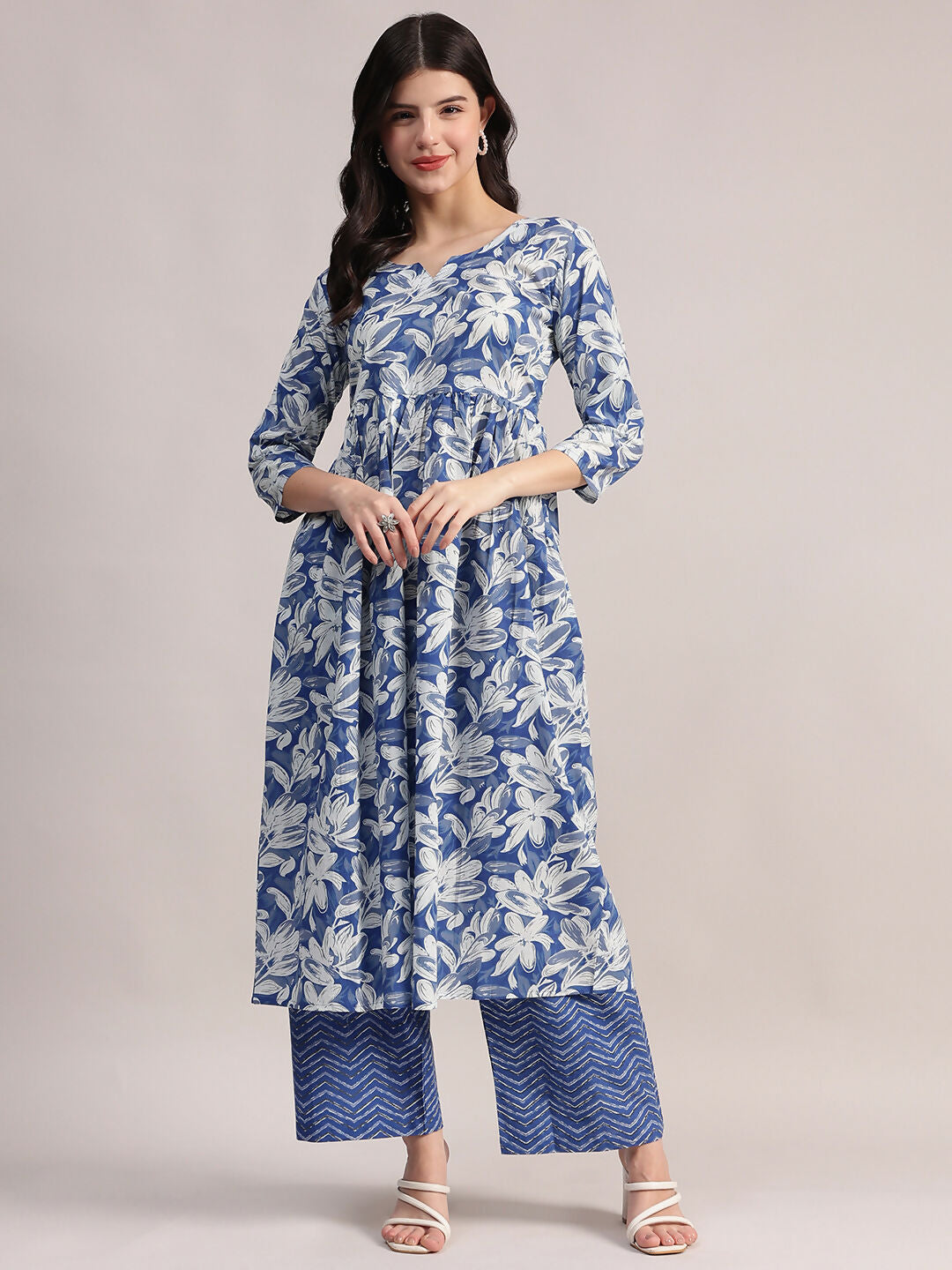 Aavyora Women's Blue Floral Printed Cotton Kurta with Chevron Pattern Palazzo Set