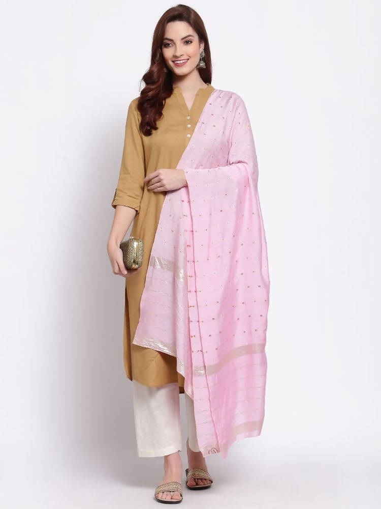 Myshka Women's Pink Cotton Silk Printed Casual Dupatta