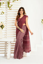 Joban Fashion Maroon Ethnic Motifs Linen Ready To Wear Saree With Unstitched Blouse - Distacart