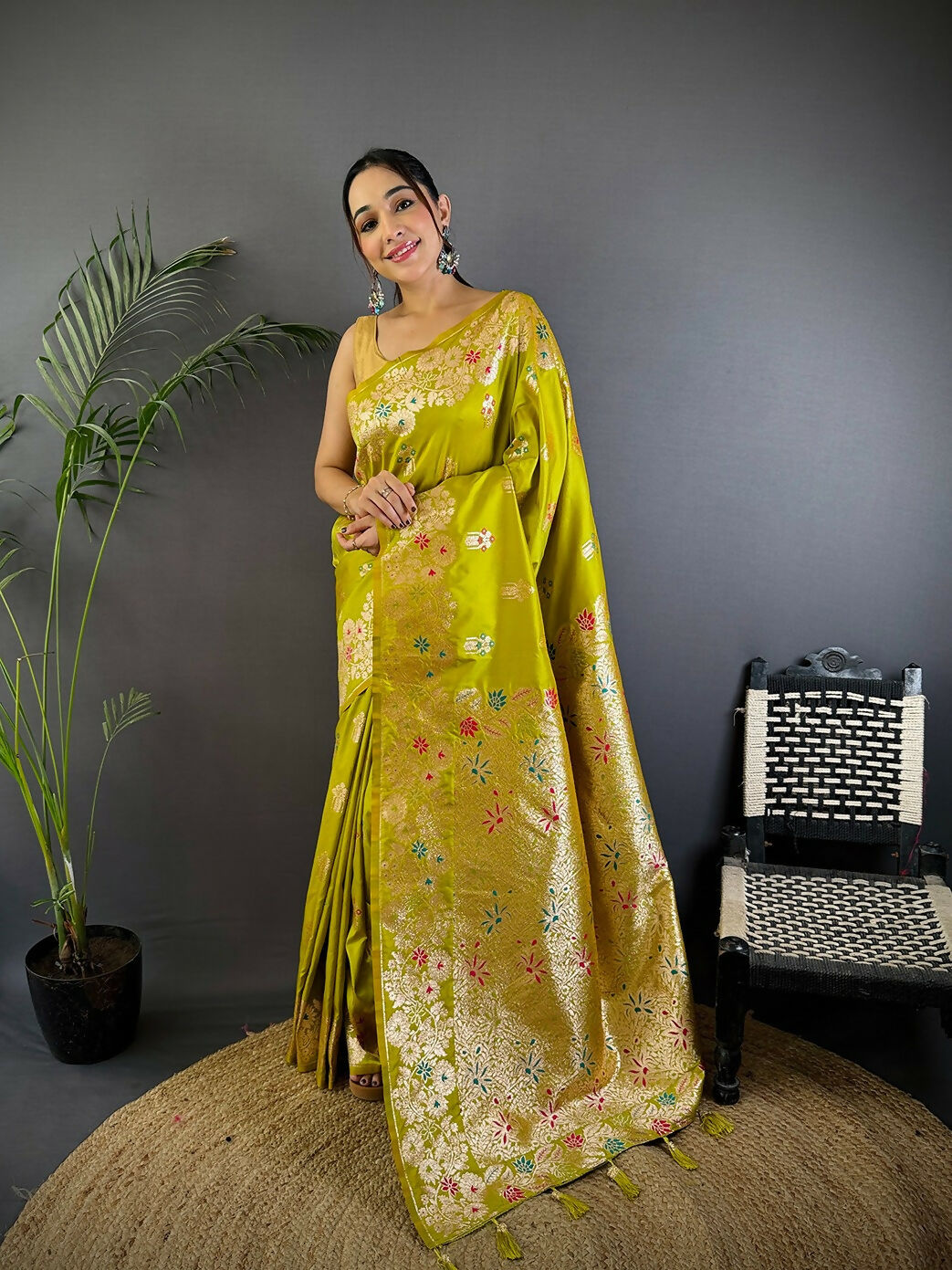 Joban Fashion Meenakari Lime Green Woven Soft Silk Saree - Distacart