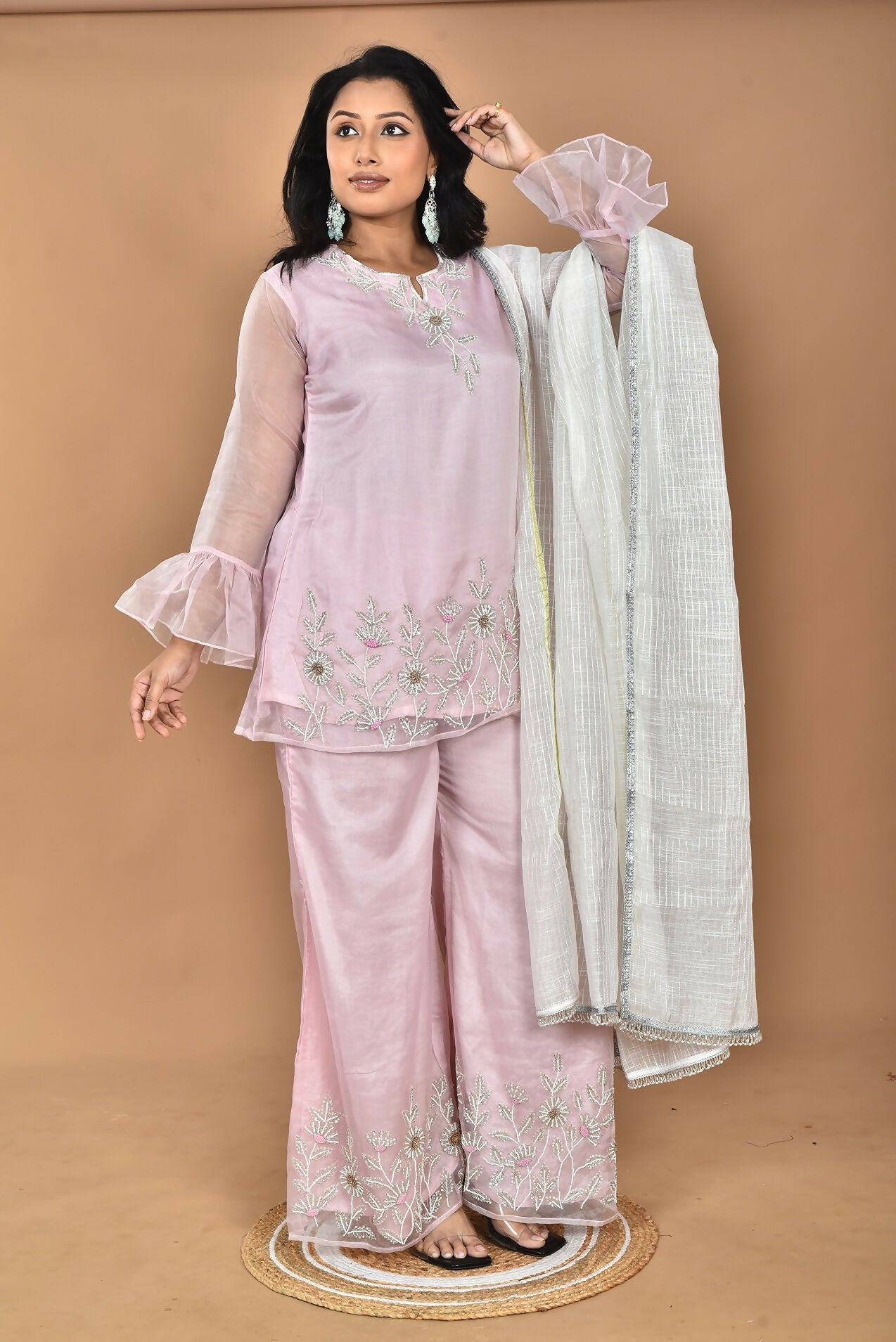 Morchari Women And Hand Embroidery Palazzo Set-Pink