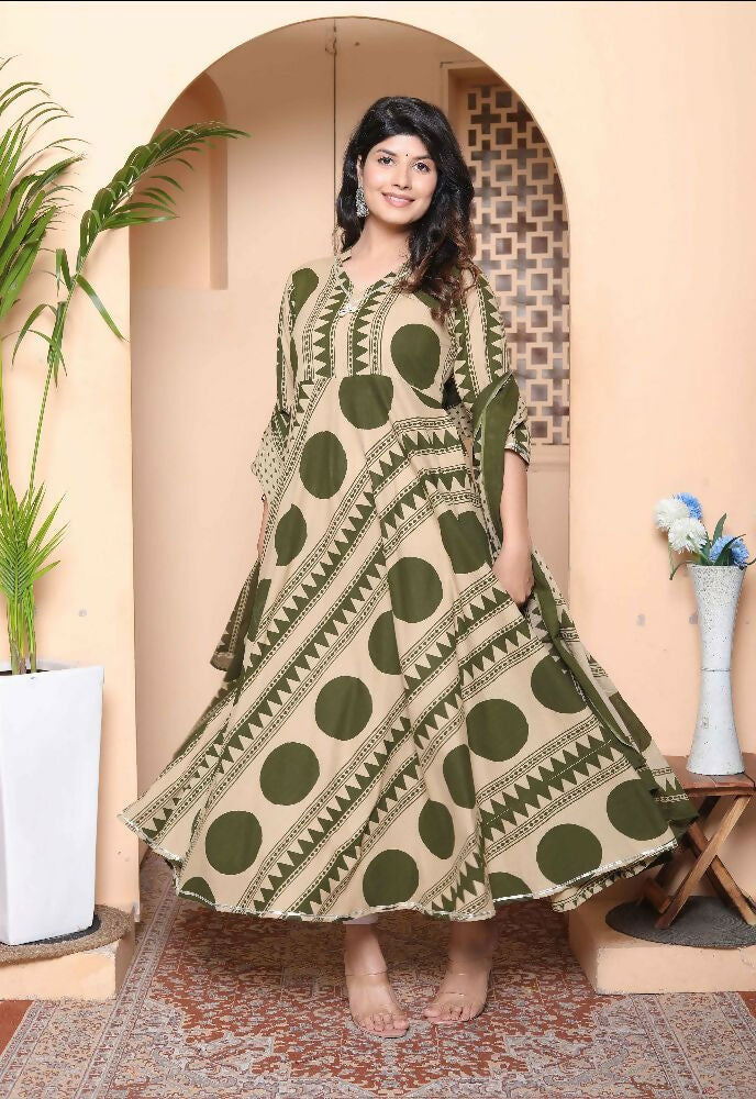 Miravan Women'S Polka Dot Printed Pure Cotton Anarkali Kurta With Dupatta - Distacart