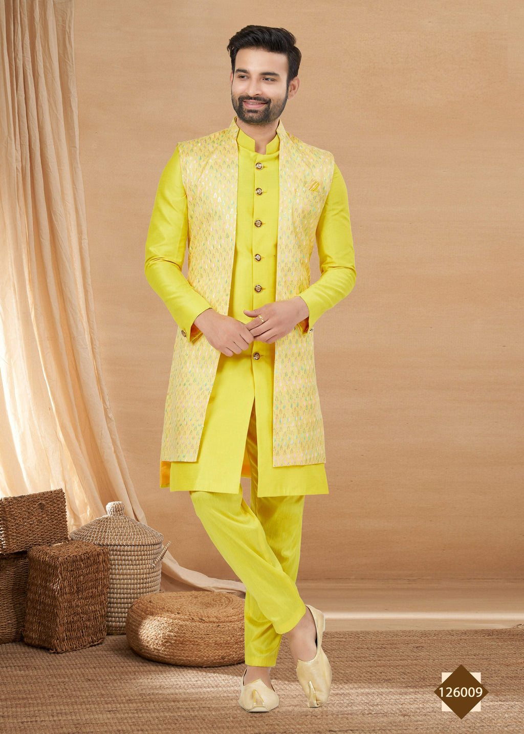 Joban Fashion Men's Lemon Yellow Heavy Art Silk Double Finish Plain Indowestern
