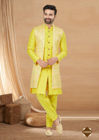 Joban Fashion Men's Lemon Yellow Heavy Art Silk Double Finish Plain Indowestern