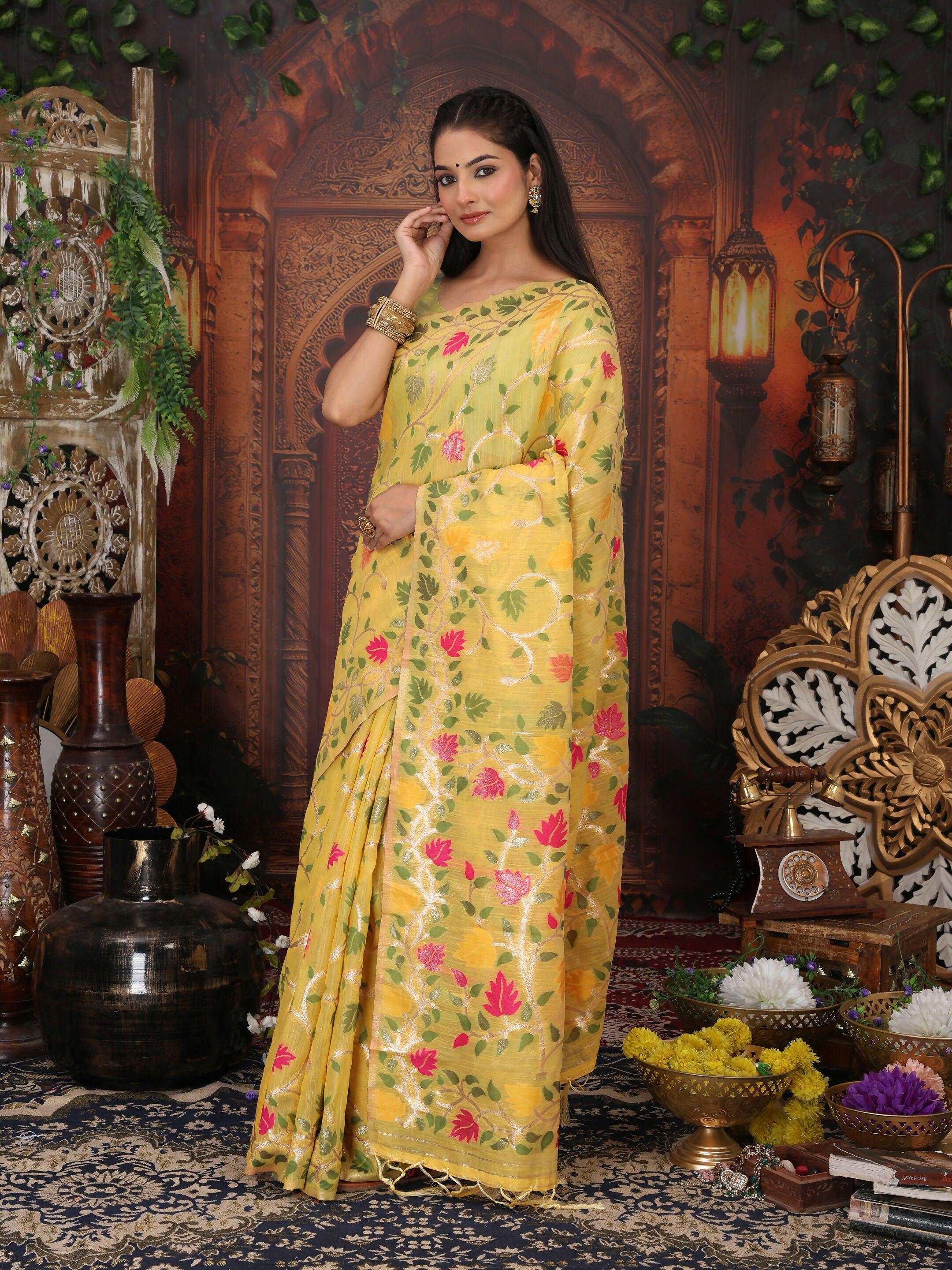 Shree Shyam Fashion Linen Cotton White Saree - Distacart