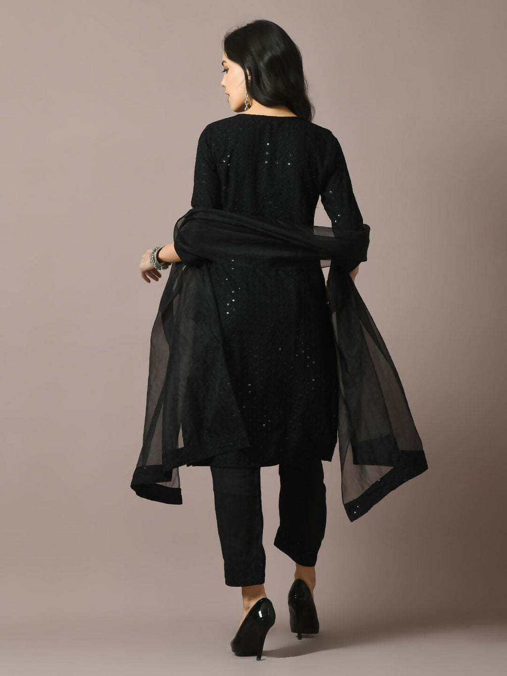 Myshka Women's Black Embroidered Cotton Straight Party Kurta Set With Dupatta