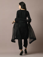 Myshka Women's Black Embroidered Cotton Straight Party Kurta Set With Dupatta