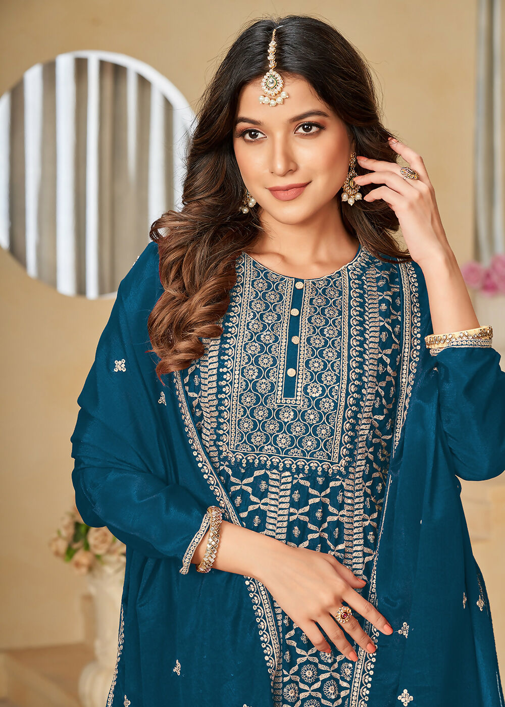 Chinnon Peacock Blue Embroidered Palazzo Salwar Suit - Emponline