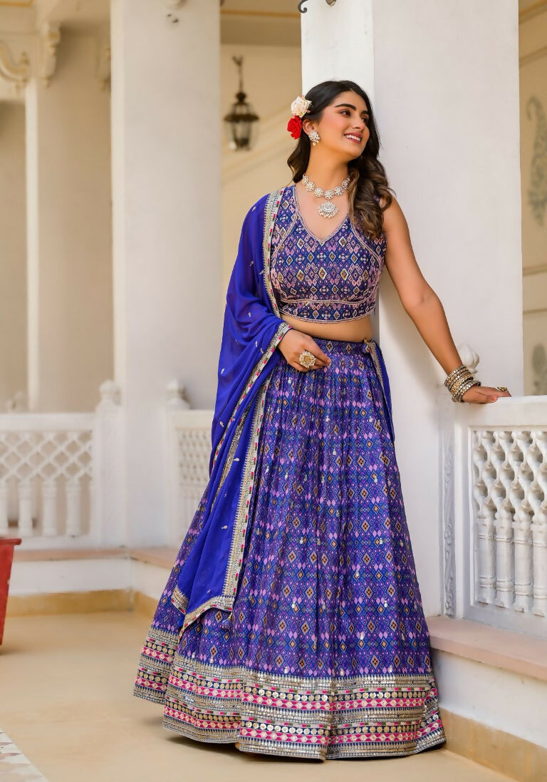 Wedding Partywear Royal Blue Slim Georgette Lehengha Choli With Dupata - Agnidhara