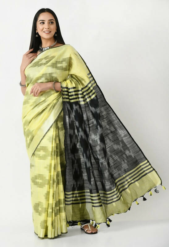 Mominos Fashion Moeza Lemon Yellow & Black Bhagalpuri Handloom Ikat Pure Cotton Saree with unstitched Blouse piece - Distacart