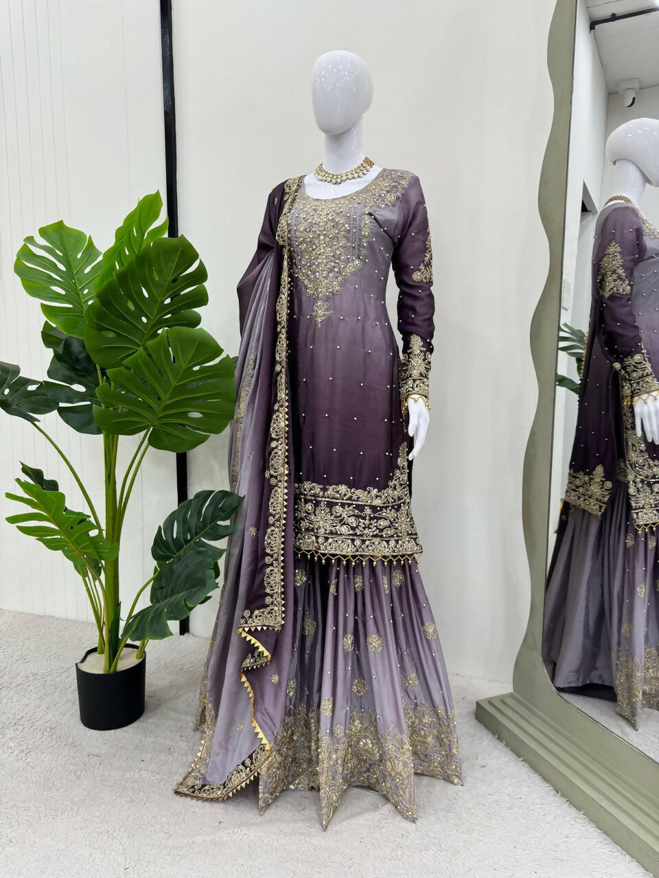 The52 Women's Beautiful Chinon silk Fabric Embroidery Work Straight Kurta Palazzo and Dupatta Set - Distacart