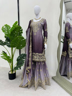 The52 Women's Beautiful Chinon silk Fabric Embroidery Work Straight Kurta Palazzo and Dupatta Set - Distacart