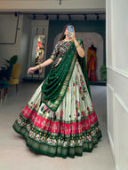 Vastranavya Floral And Patola Print With Foil Work Lehenga with Unstitched Blouse - Green