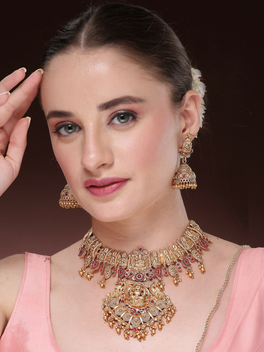 NVR Women's Gold-Polished Pink Stone Studded Lakshmi Temple Jewellery Set