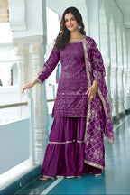 Teeya Creation Wine Colour Chinnon Silk Heavy Embroidery Work Fully Stitched Salwar Suit - Distacart