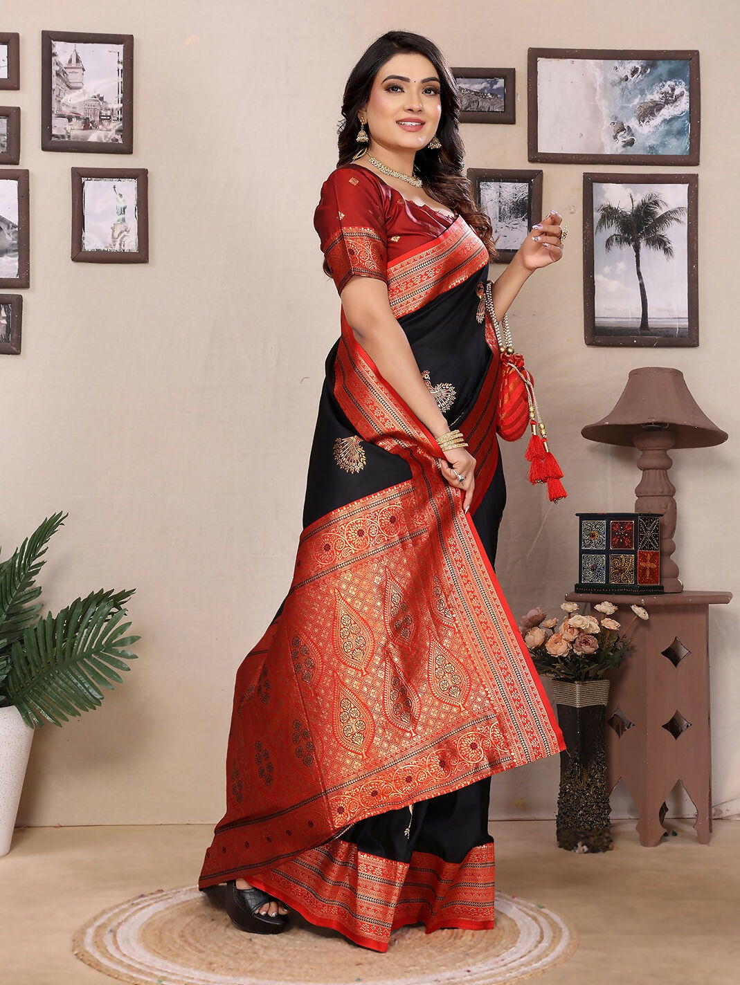 Joban Fashion Banarasi Black Small Butti Soft Silk Saree - Distacart