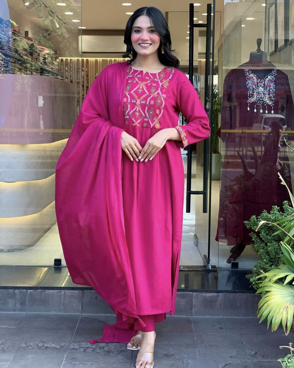 The52 Pink Women's Gorgeous Chanderi Fabric Embroidered Work Straight Kurta Pant and Dupatta Set - Distacart