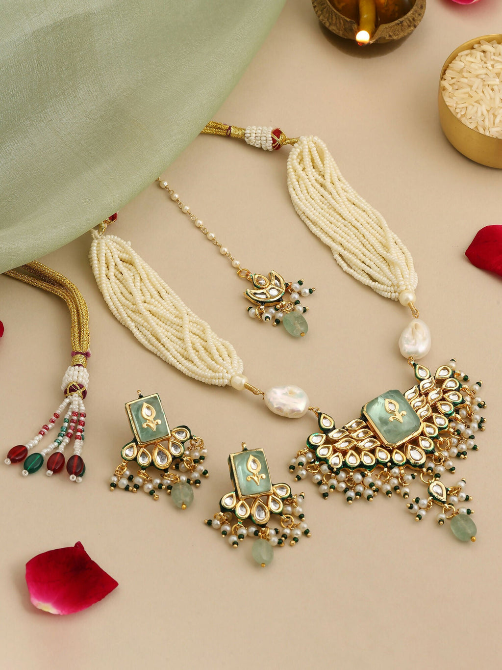 Ruby Raang Pearl Glow Necklace With Matching Earrings And Maang Tikka - Distacart