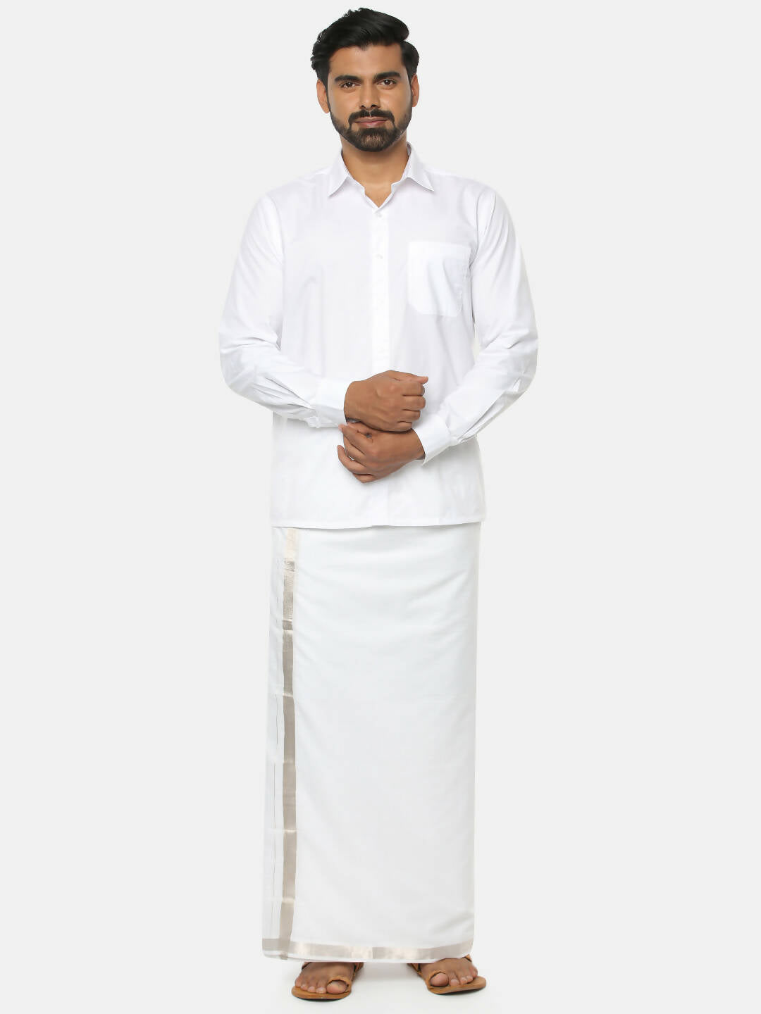 Ramraj Cotton Mens Cotton Silver Jari Dhoti - White