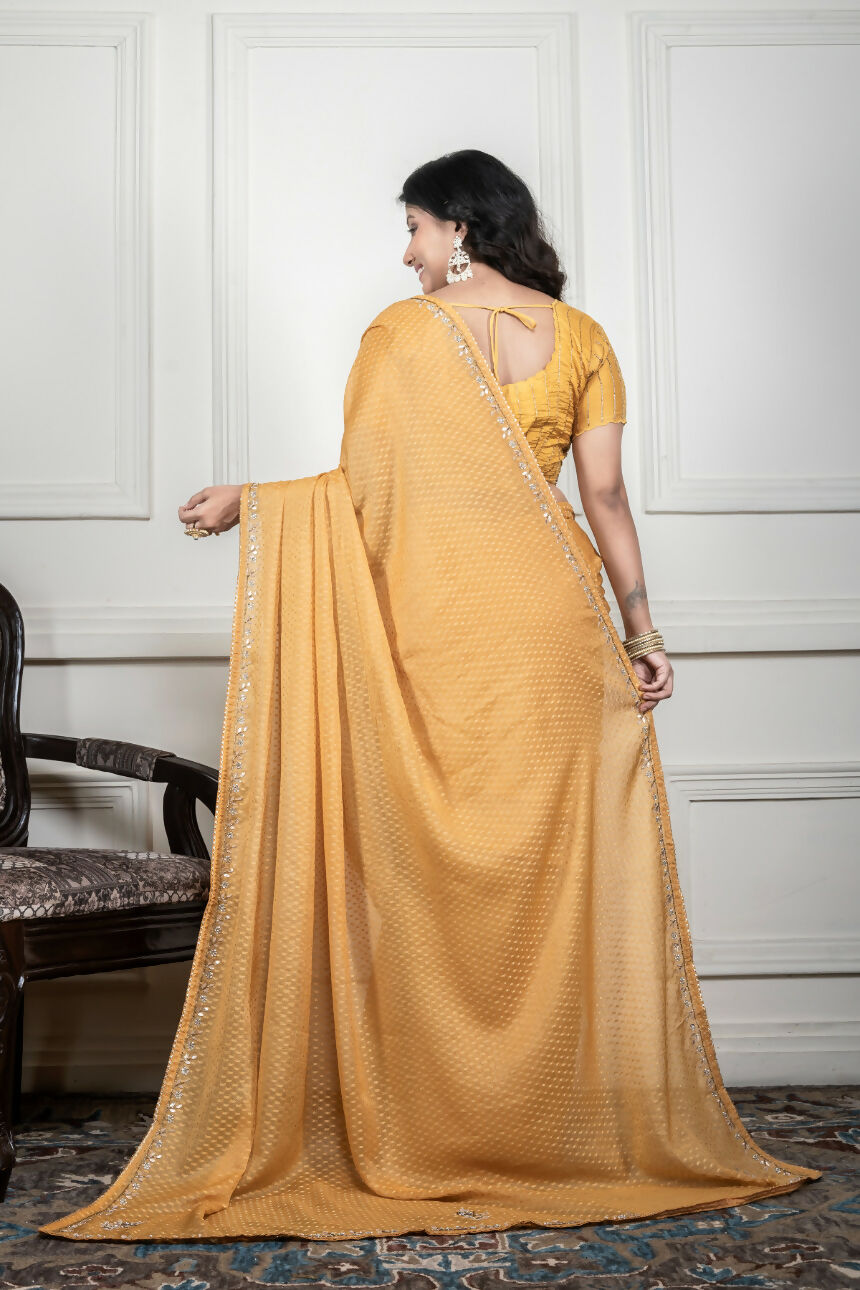 Morchari Yellow Pure Chiffon Hand Embroidery Saree And Stitched Blouse - Distacart