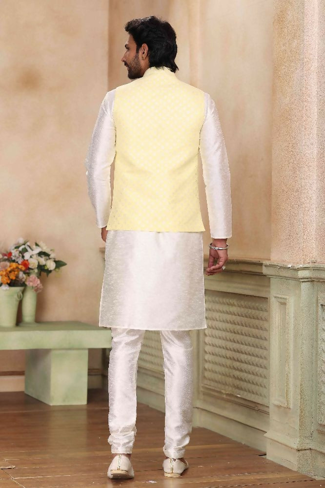 Raivat Ethnic Jacquard Banarasi Silk Woven Work 3 Pics Jacket Set In Yellow Colour - Distacart