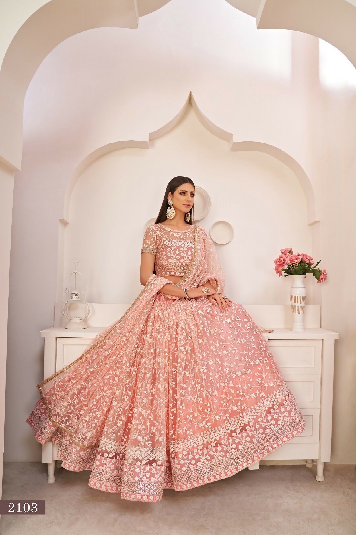 Eilara Women'S Light Pink Butterfly Net Embroidered Thread Work Party Wear Lehenga Choli